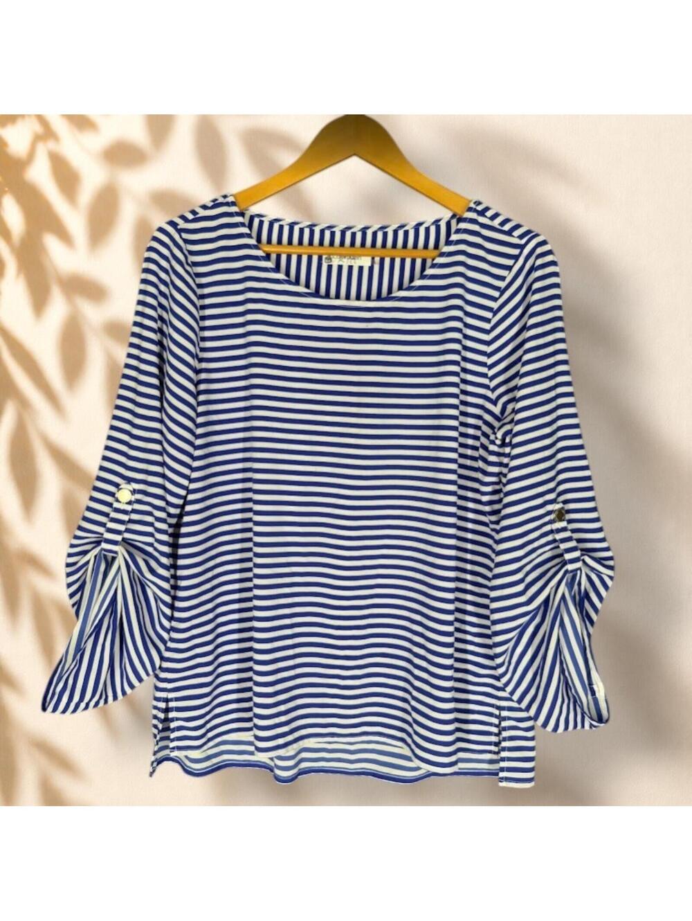 Calvin Klein Blouse Women L Large Blue Striped Long Sleeve Round Neck Casual
